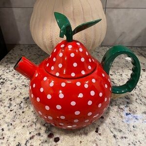 Vintage Strawberry Red Teapot with Green Handle
